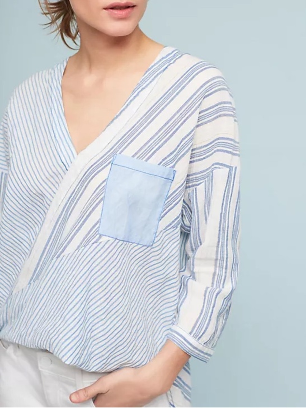 Anthropologie Holding Horses Cross‎ Zeni Blue White Striped High Low Wrap Blouse